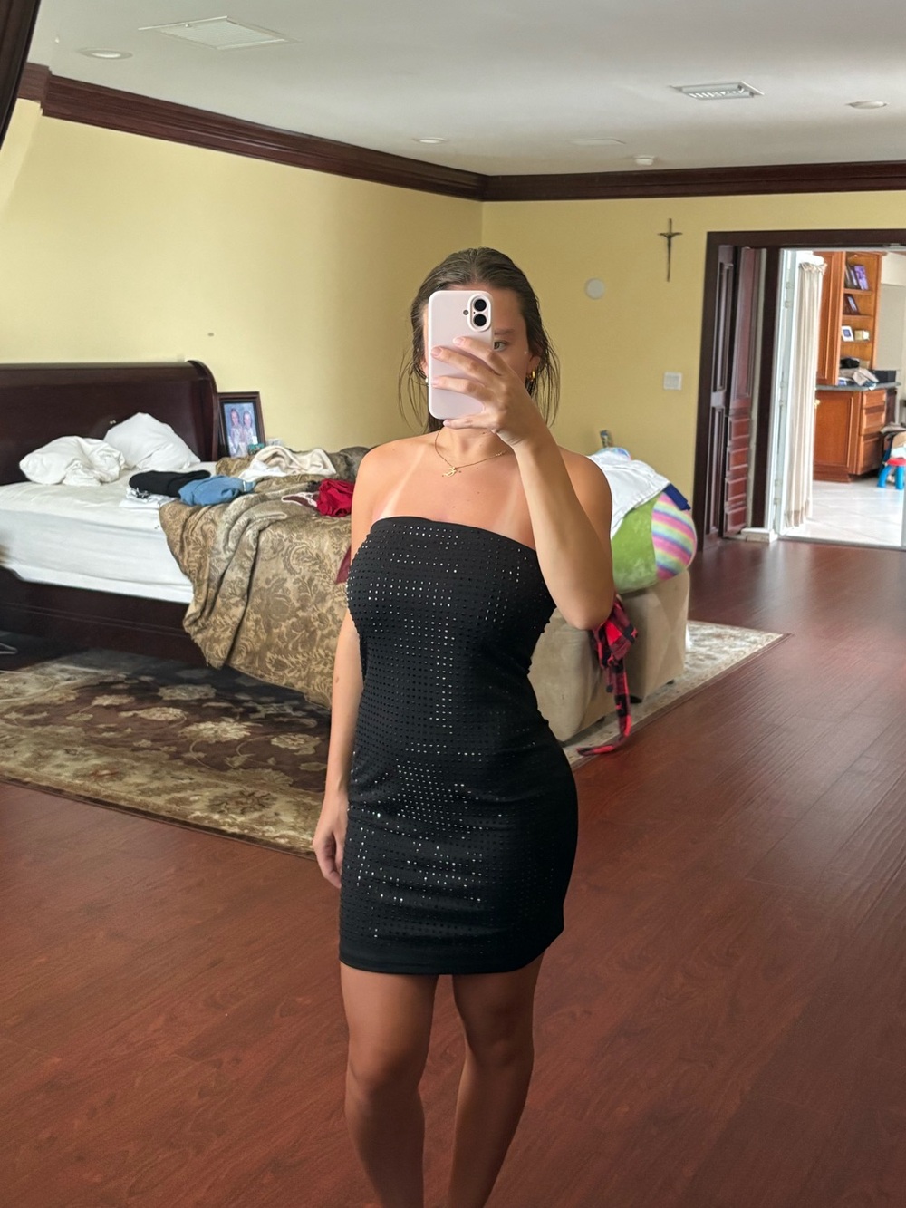 Strapless Black Mini Dress with Crystal Detail